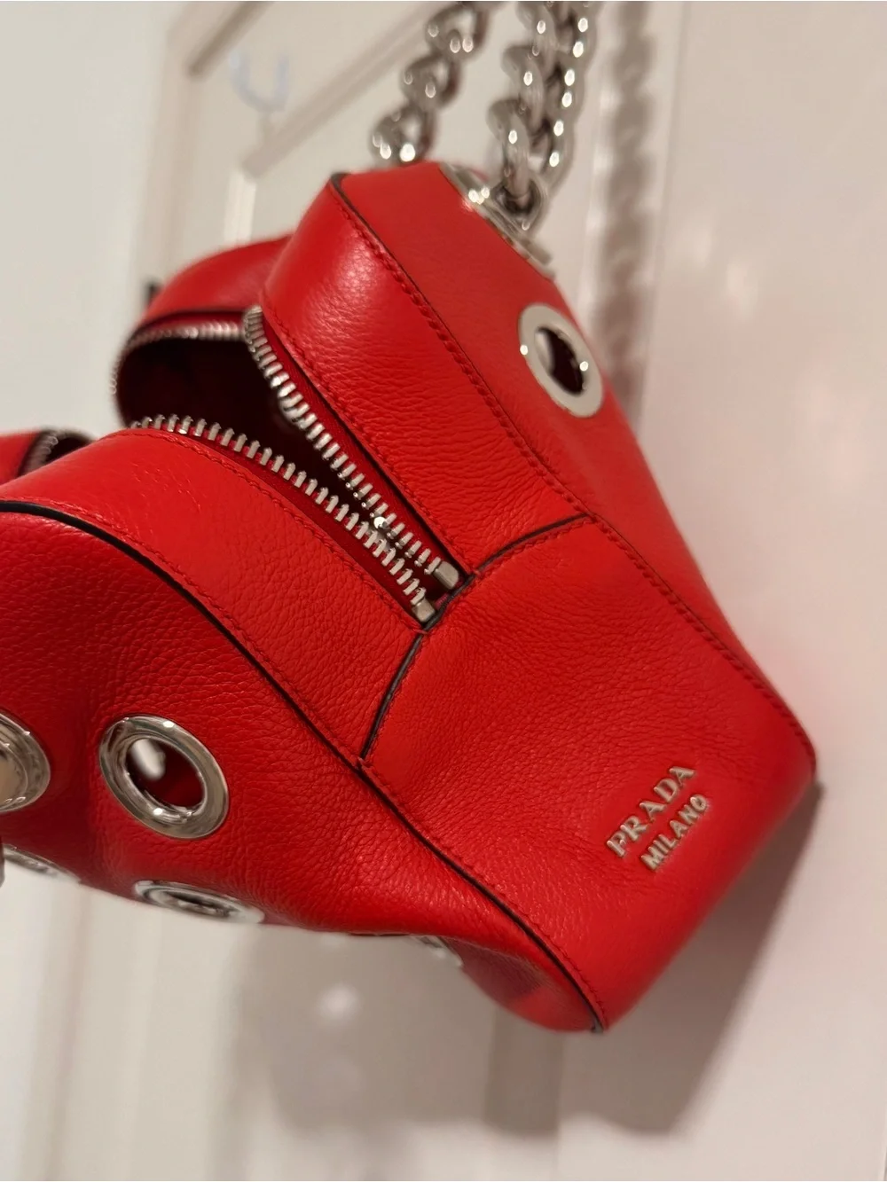 Prada Red Leather Grommet Chain Satchel